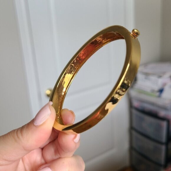 Vintage 80s BUTLER Gold Tone Hinged Orange Amber White Crystal Bangle Bracelet - Picture 8 of 13